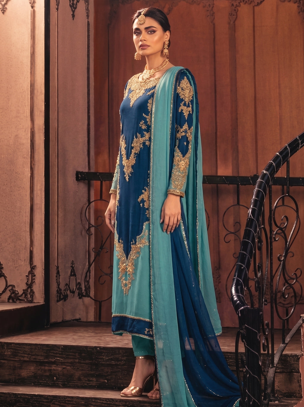 Deep Navy & Aqua Blue Luxury Embroidered 3 Piece Unstitched Suit