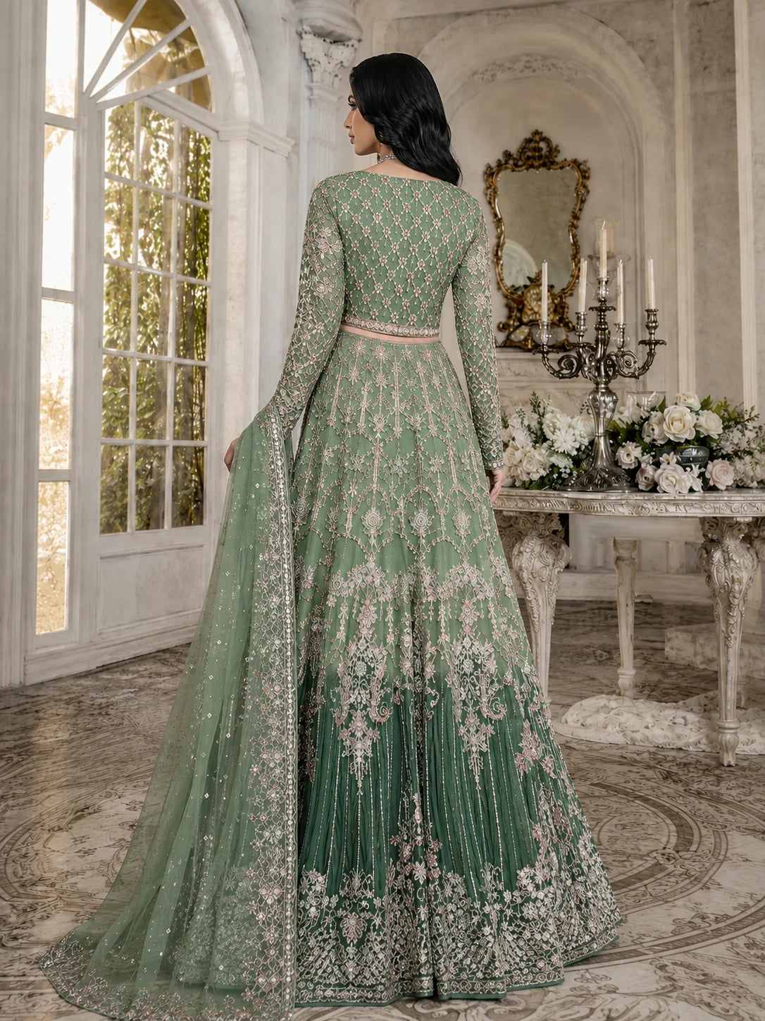 Emerald Green Embroidered Maxi 3 Piece Suit