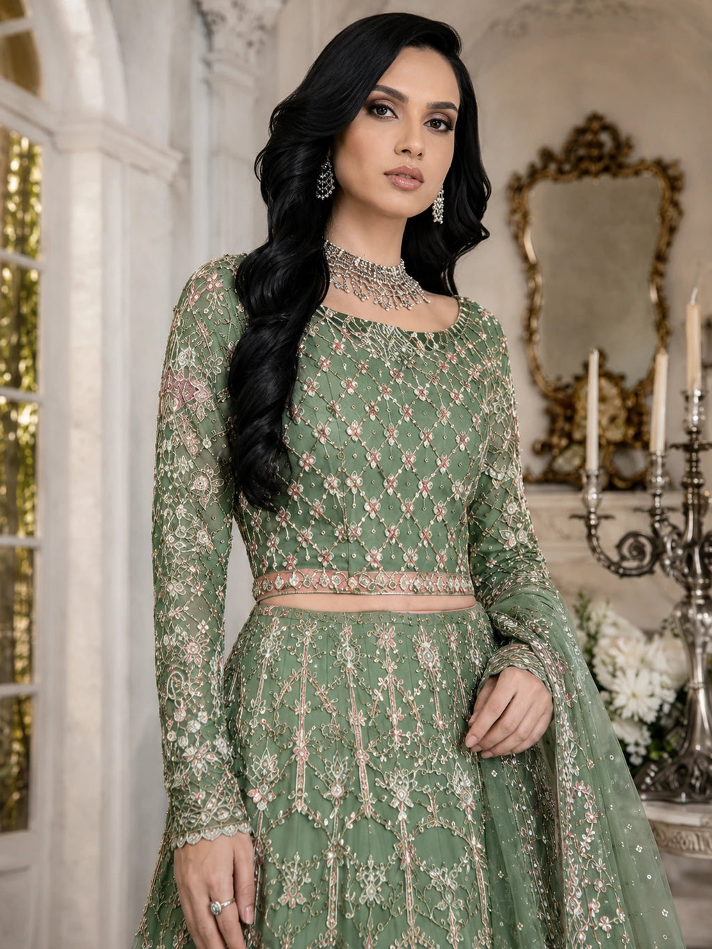 Emerald Green Embroidered Maxi 3 Piece Suit