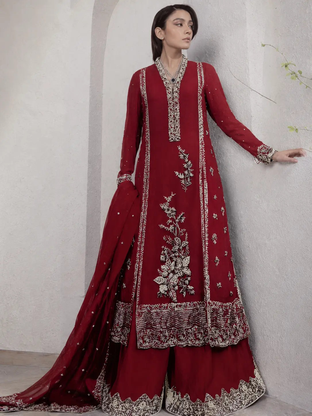 Luxury Maroon Embroidered 2 Piece Unstitched Suit