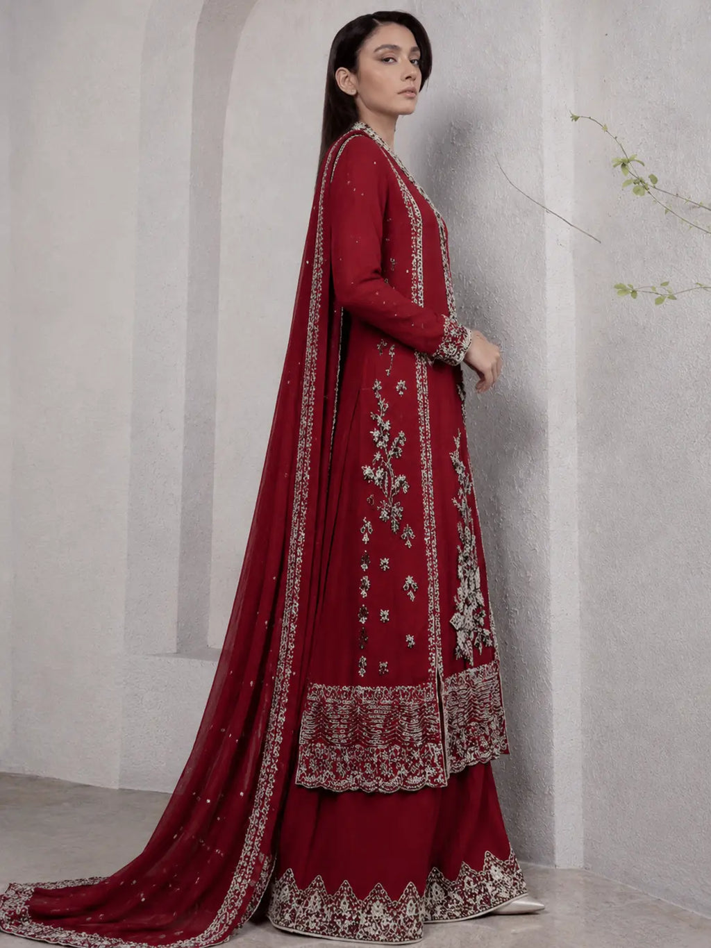 Luxury Maroon Embroidered 2 Piece Unstitched Suit