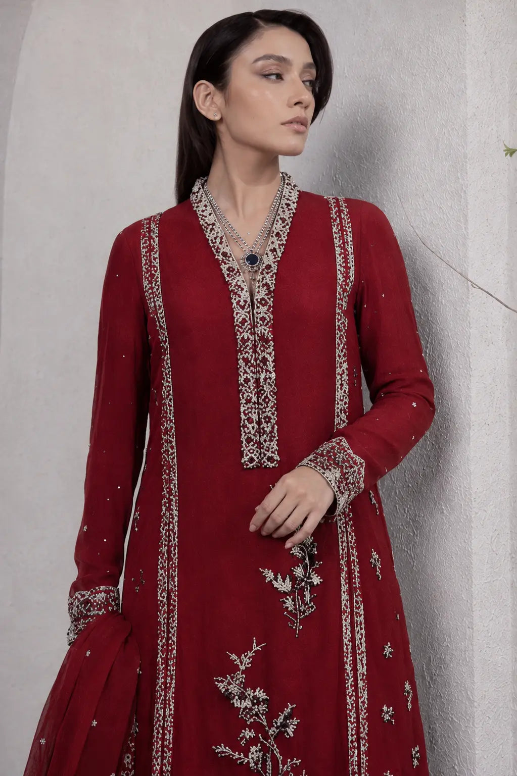 Luxury Maroon Embroidered 2 Piece Unstitched Suit