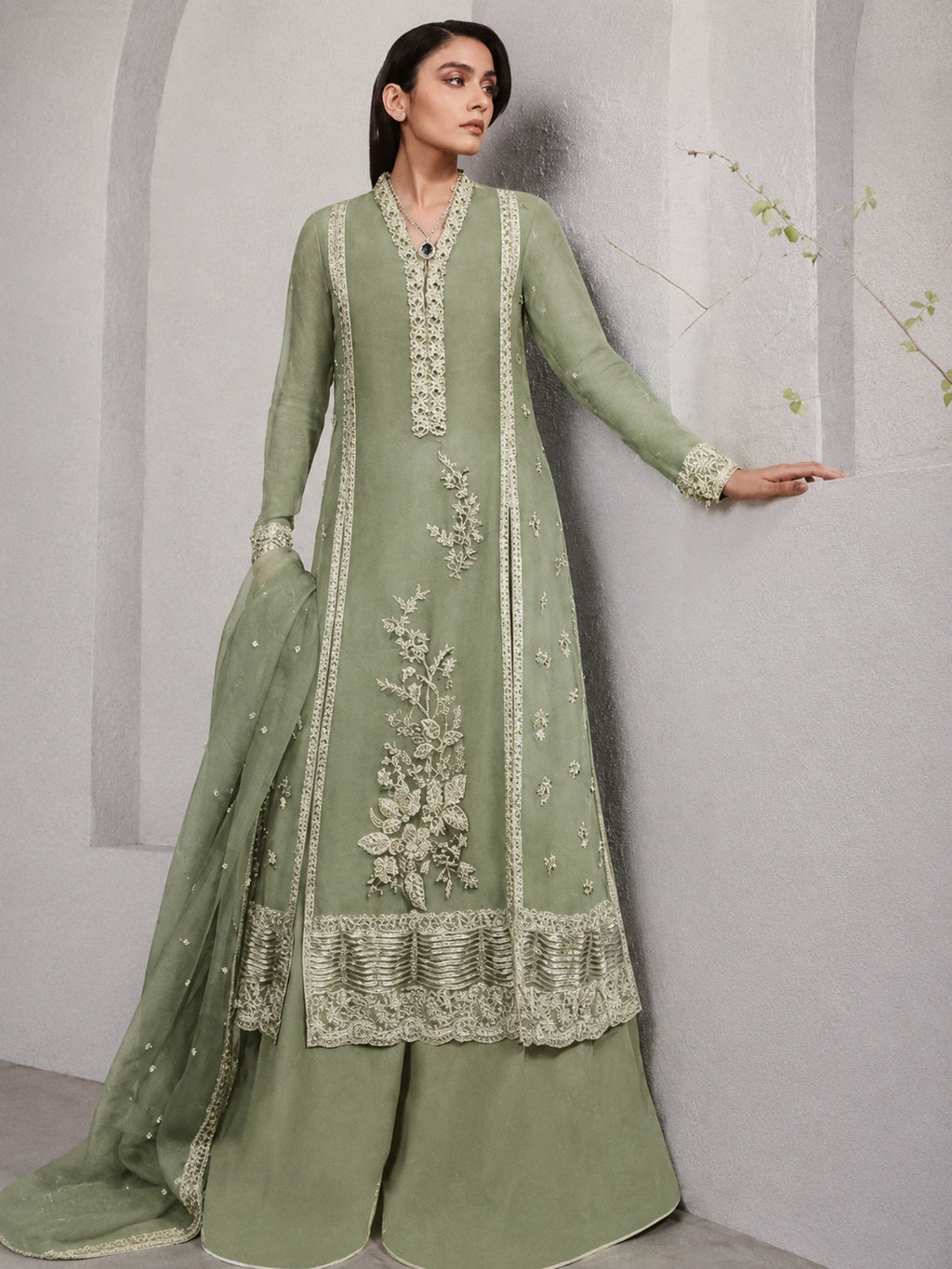 Luxury Olive Sage Green Embroidered 2 Piece Unstitched Suit