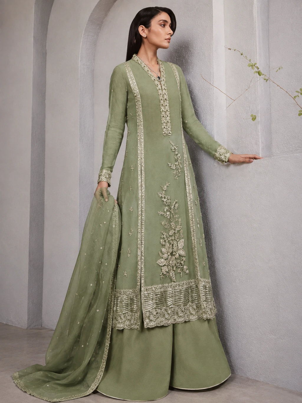 Luxury Olive Sage Green Embroidered 2 Piece Unstitched Suit