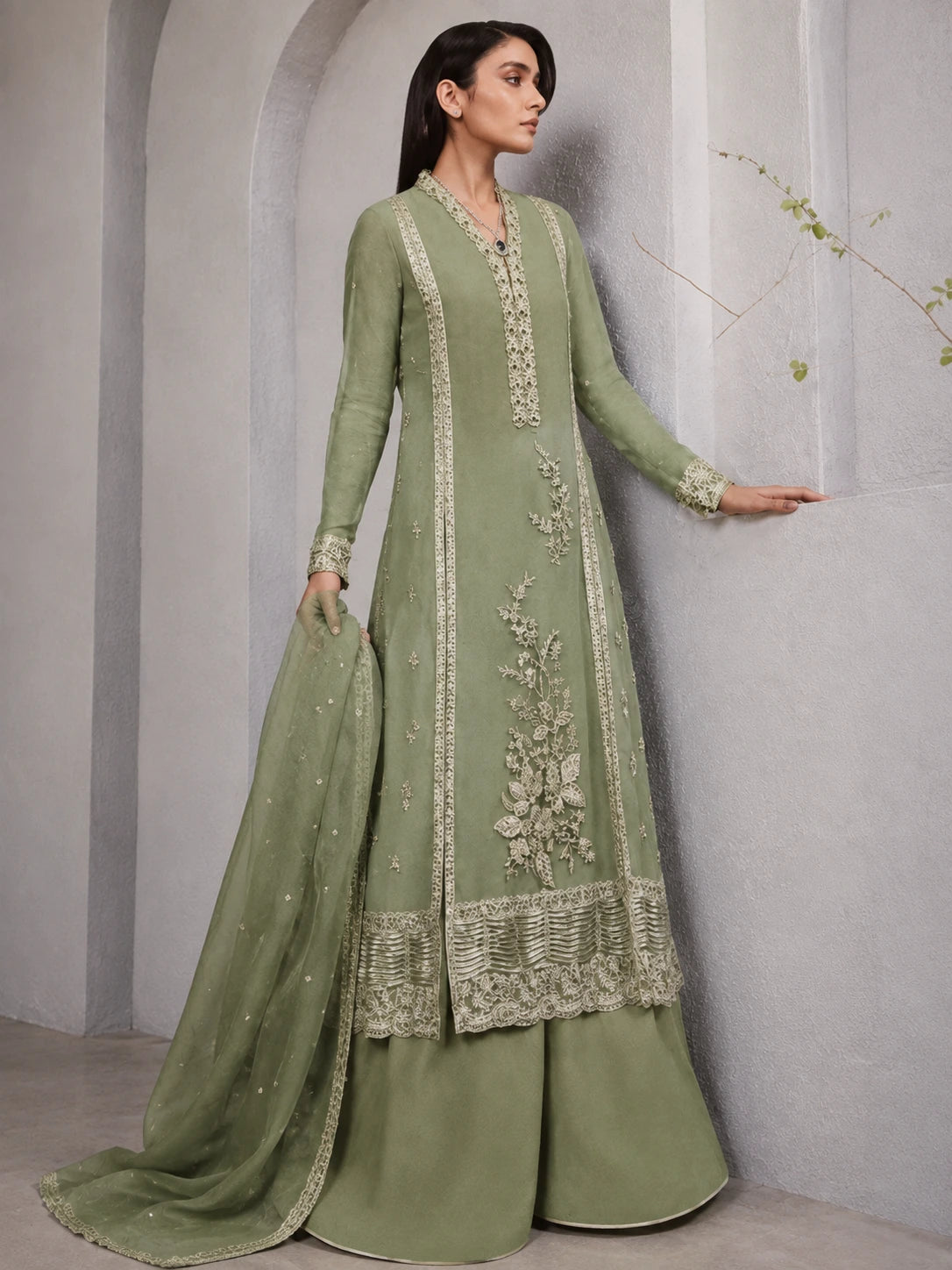 Luxury Olive Sage Green Embroidered 2 Piece Unstitched Suit