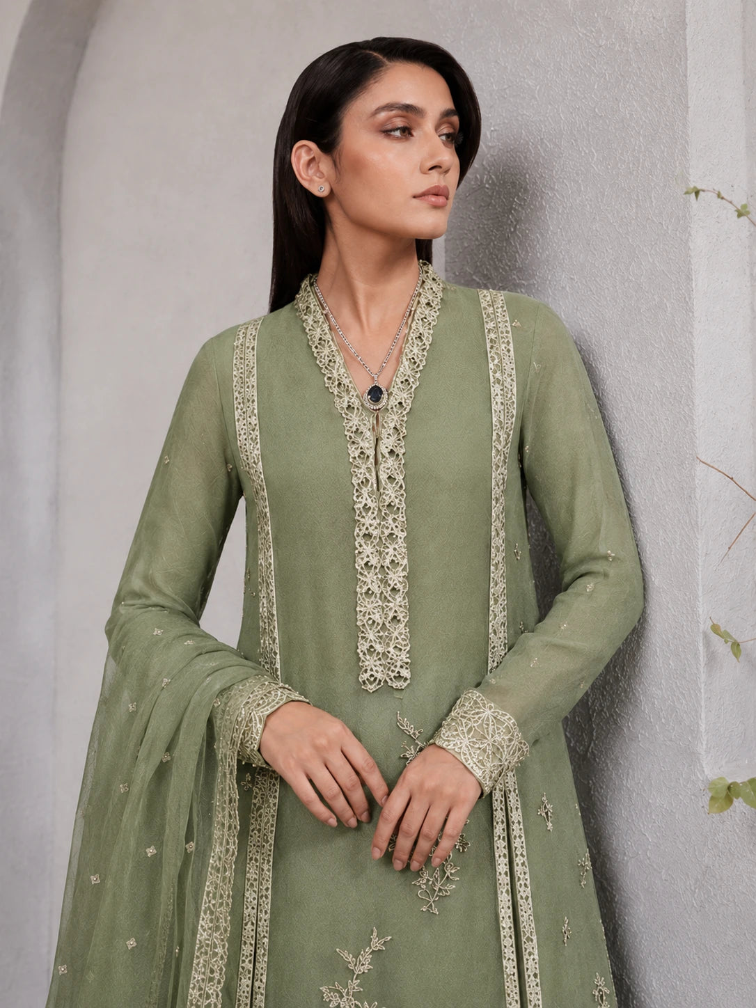 Luxury Olive Sage Green Embroidered 2 Piece Unstitched Suit