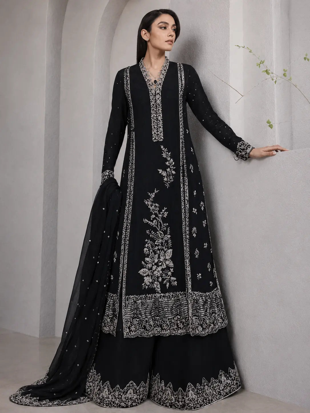 Luxury True Black Embroidered 2 Piece Unstitched Suit