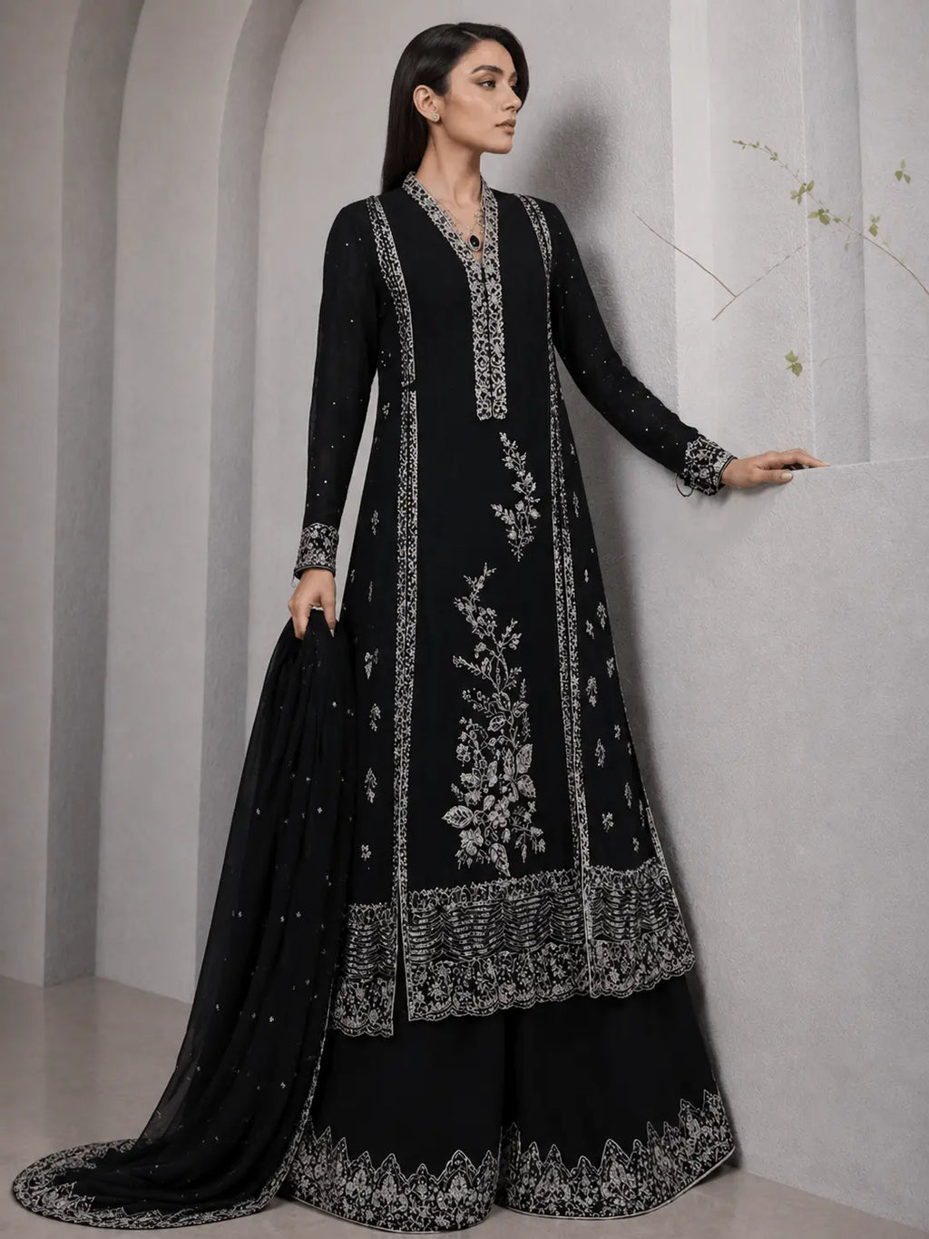 Luxury True Black Embroidered 2 Piece Unstitched Suit