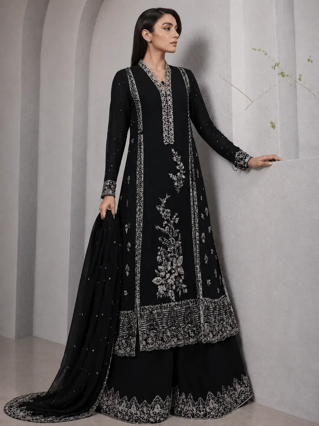 Luxury True Black Embroidered 2 Piece Unstitched Suit