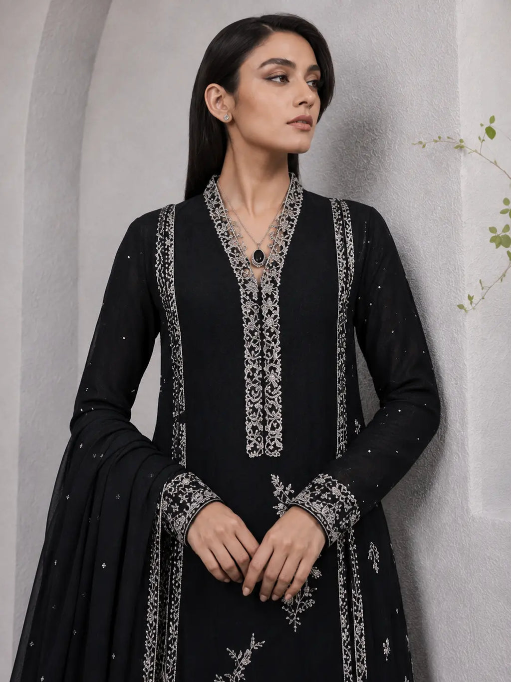Luxury True Black Embroidered 2 Piece Unstitched Suit