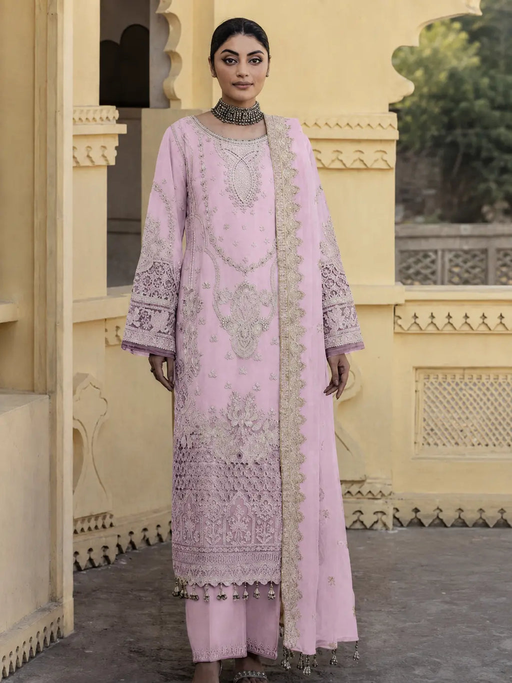 Luxury Soft Lavender Pink Embroidered 2 Piece Unstitched Suit