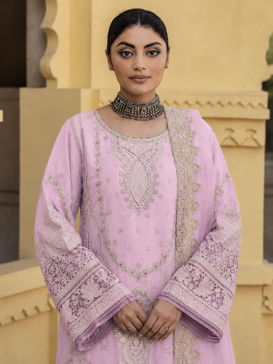 Luxury Soft Lavender Pink Embroidered 2 Piece Unstitched Suit