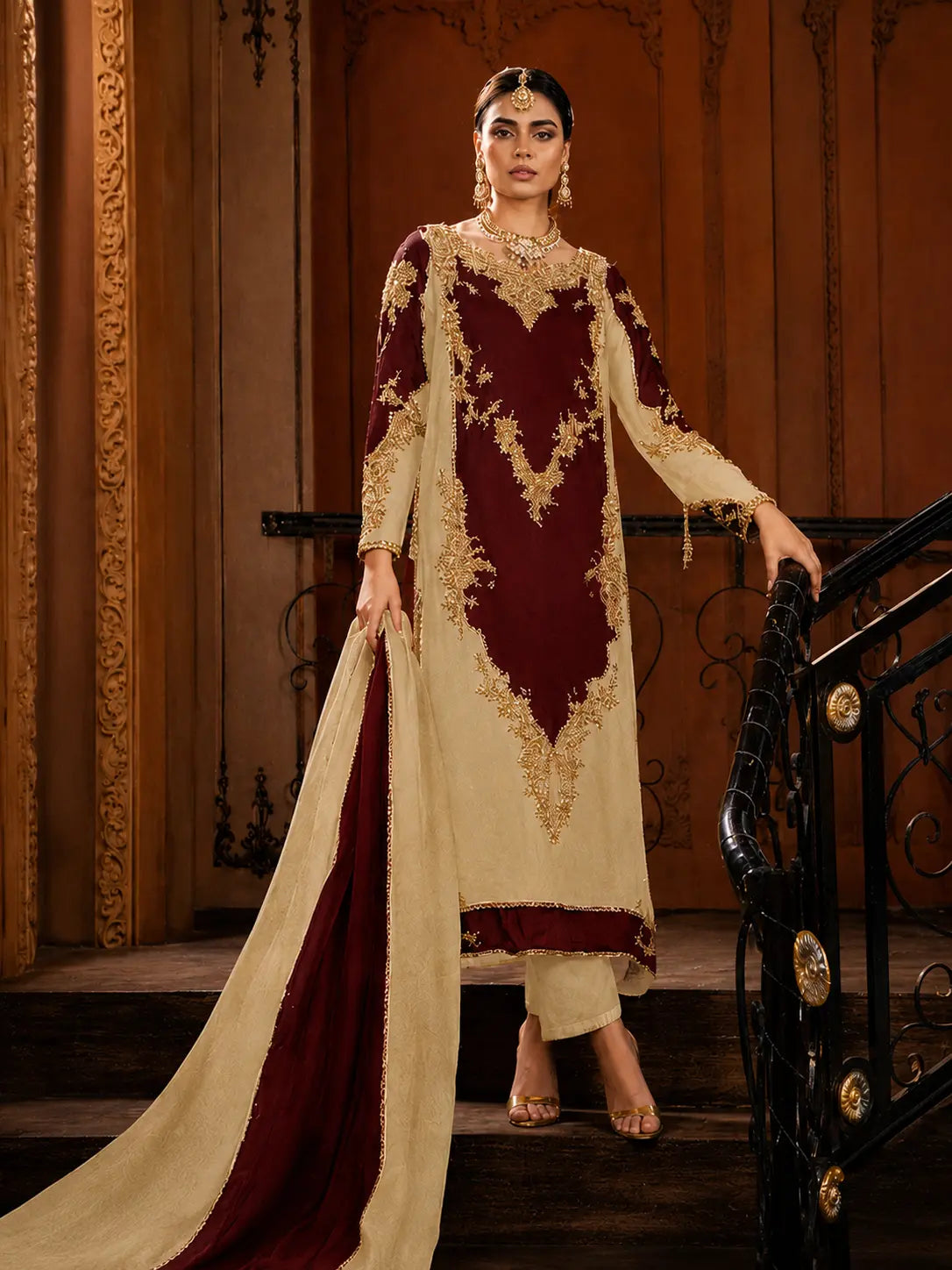 Deep Maroon & Ivory Luxury Embroidered 3 Piece Unstitched Suit