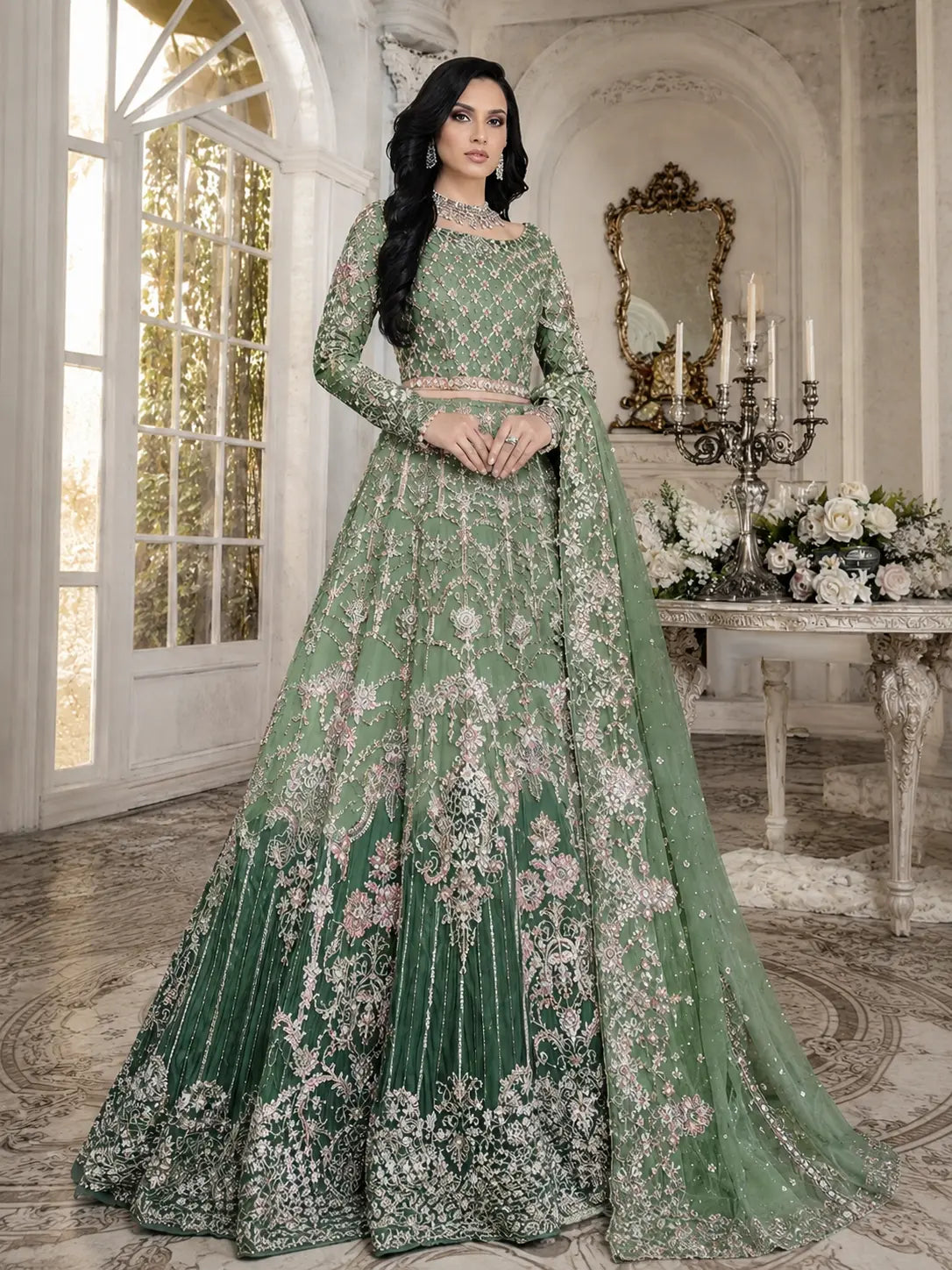 Emerald Green Embroidered Maxi 3 Piece Suit
