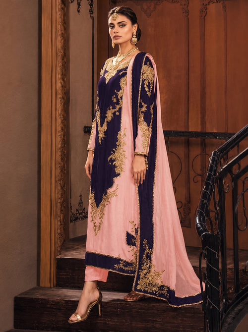 Deep Plum & Blush Pink Luxury Embroidered 3 Piece Unstitched Suit