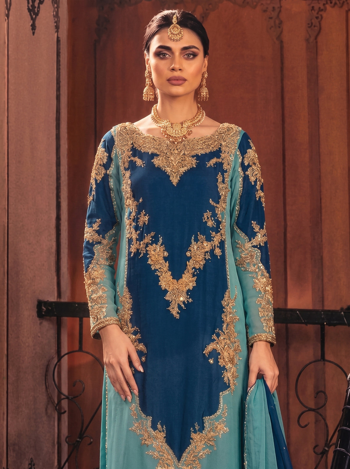 Deep Navy & Aqua Blue Luxury Embroidered 3 Piece Unstitched Suit