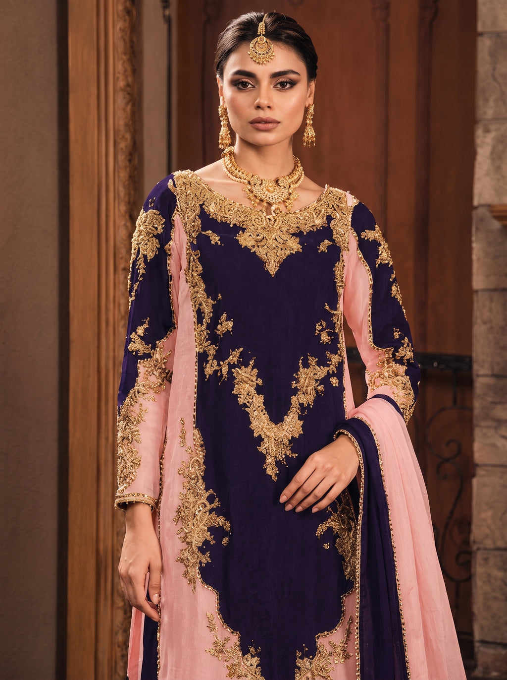 Deep Plum & Blush Pink Luxury Embroidered 3 Piece Unstitched Suit