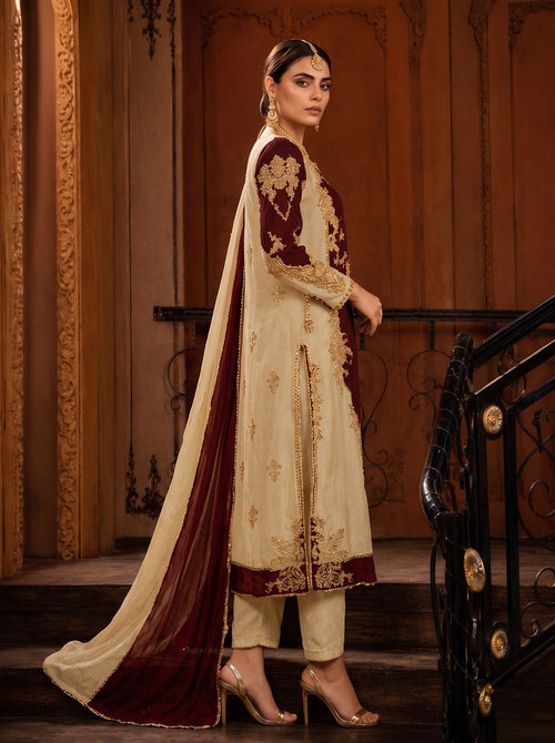 Deep Maroon & Ivory Luxury Embroidered 3 Piece Unstitched Suit