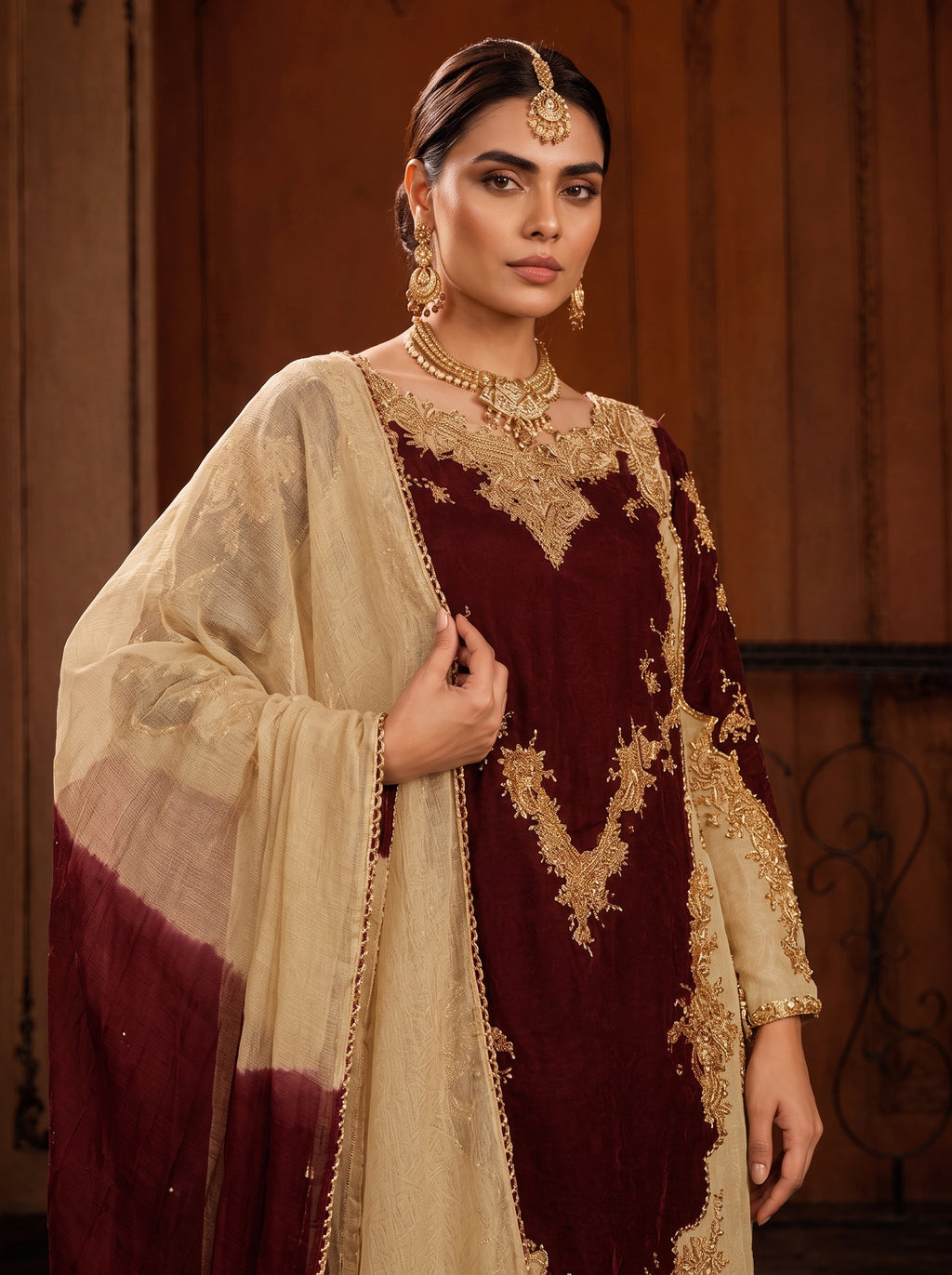 Deep Maroon & Ivory Luxury Embroidered 3 Piece Unstitched Suit