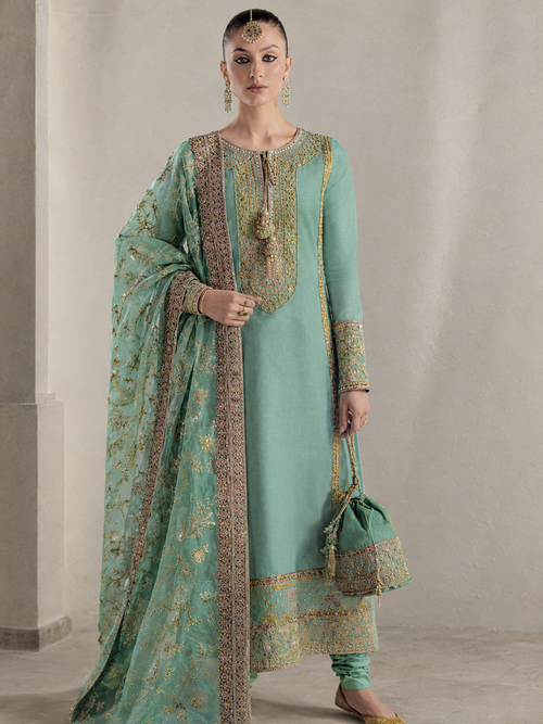 Aqua green luxury embroidered 3 piece Pakistani suit by ZÉRA by Z