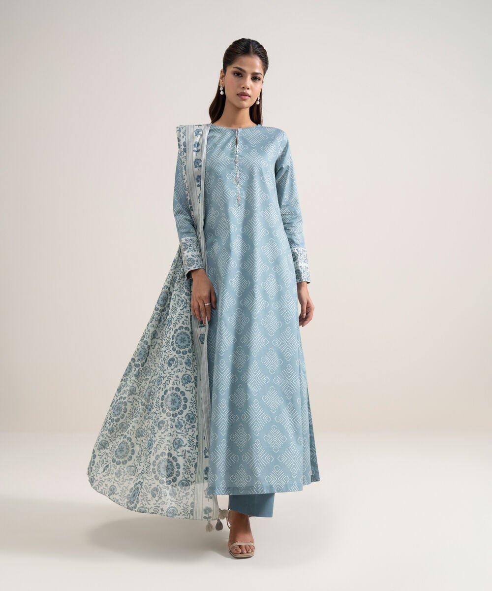 Printed Lawn 3 Piece Unstitched Suit – Ice Blue & Off White | ZERA by Z