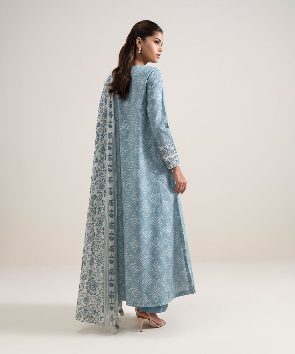Printed Lawn 3 Piece Unstitched Suit – Ice Blue & Off White | ZERA by Z