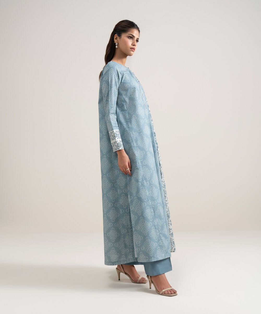 Printed Lawn 3 Piece Unstitched Suit – Ice Blue & Off White | ZERA by Z