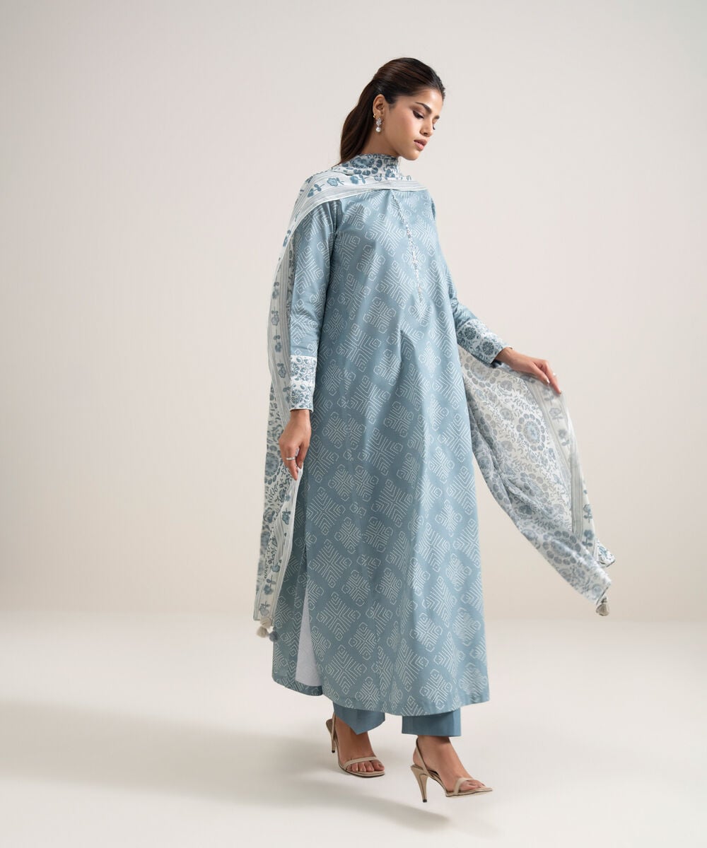 Printed Lawn 3 Piece Unstitched Suit – Ice Blue & Off White | ZERA by Z
