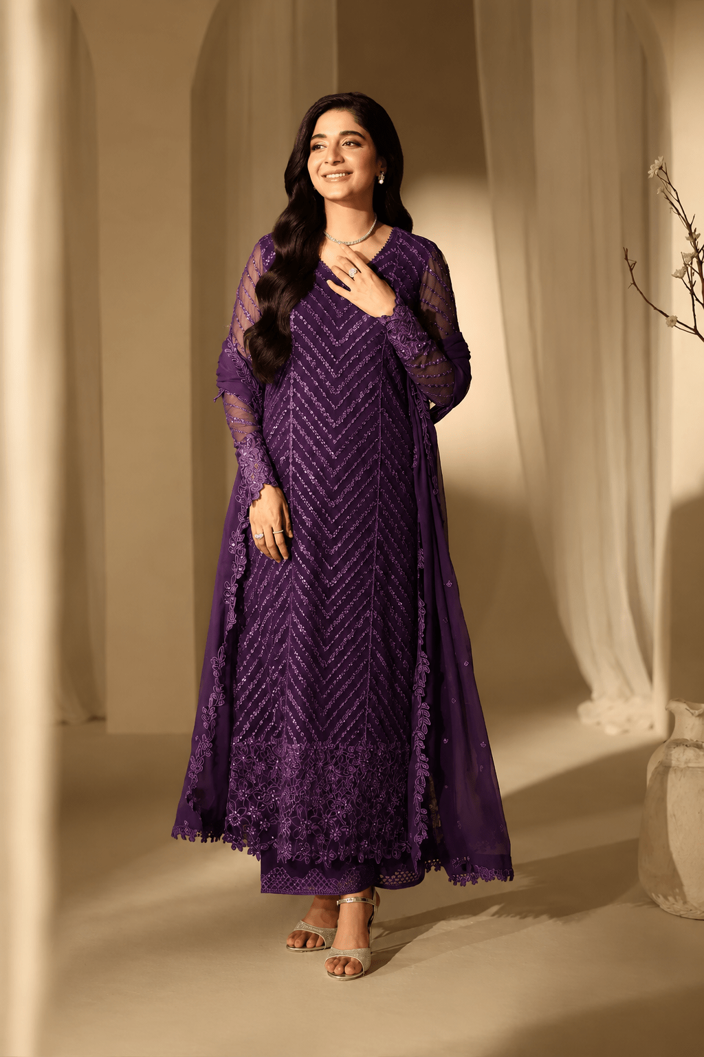 Sequins Embroidered Chiffon 3 Piece Unstitched Suit | ZERA by Z