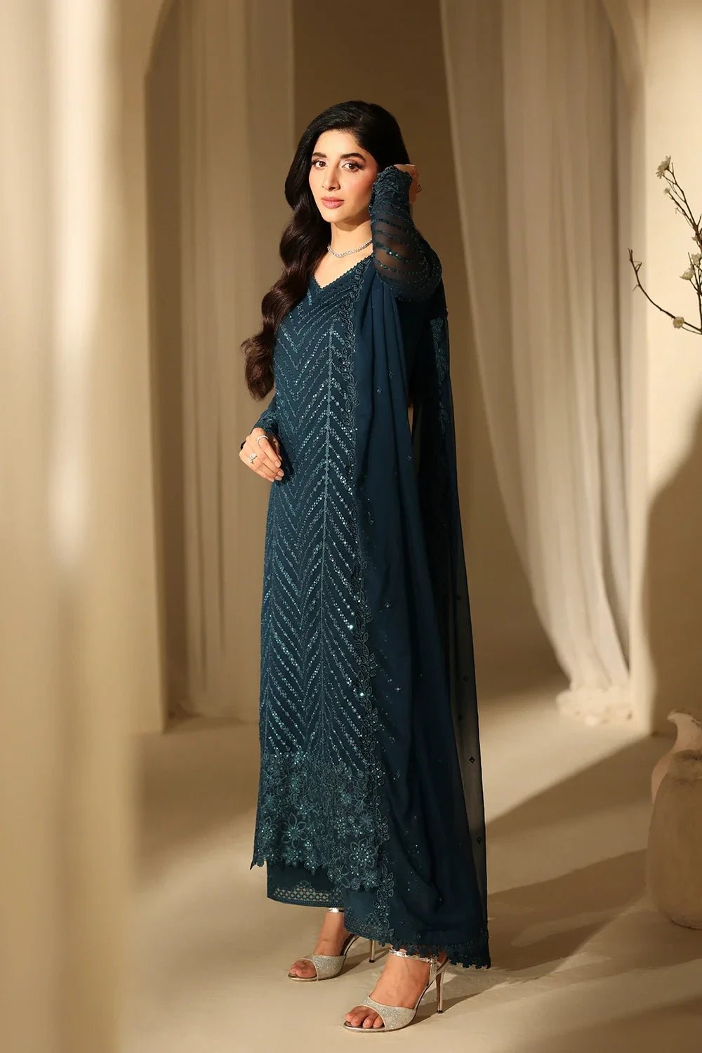 Sequins Embroidered Chiffon 3 Piece Unstitched Suit | ZERA by Z