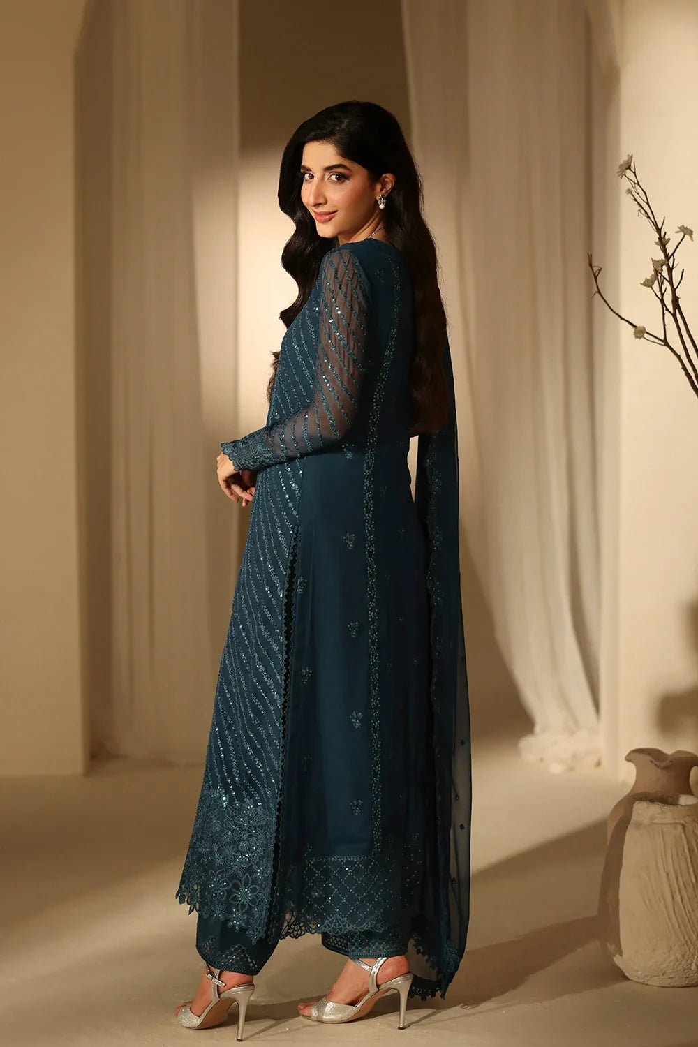 Sequins Embroidered Chiffon 3 Piece Unstitched Suit | ZERA by Z