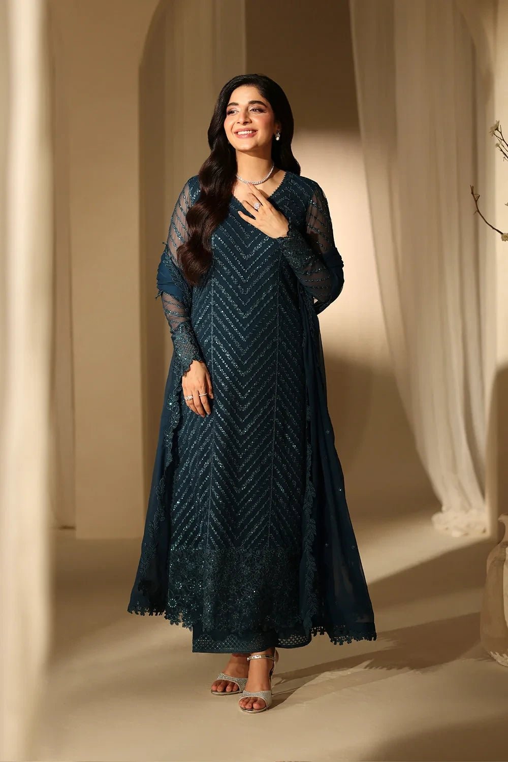 Sequins Embroidered Chiffon 3 Piece Unstitched Suit | ZERA by Z