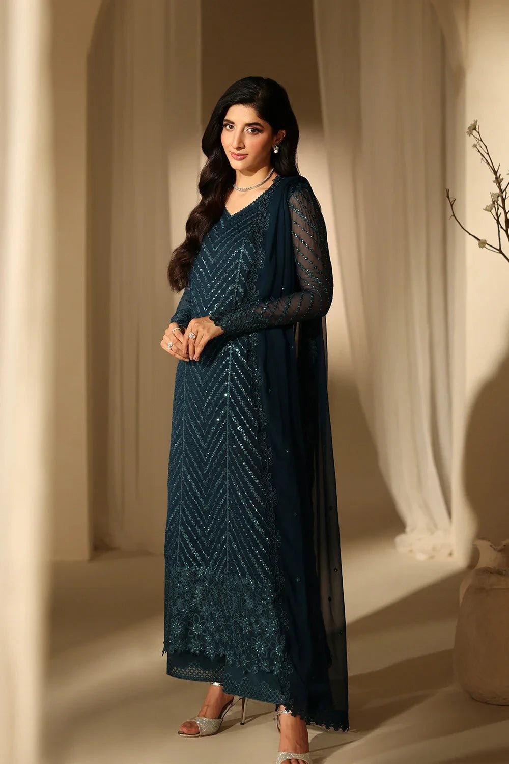 Sequins Embroidered Chiffon 3 Piece Unstitched Suit | ZERA by Z